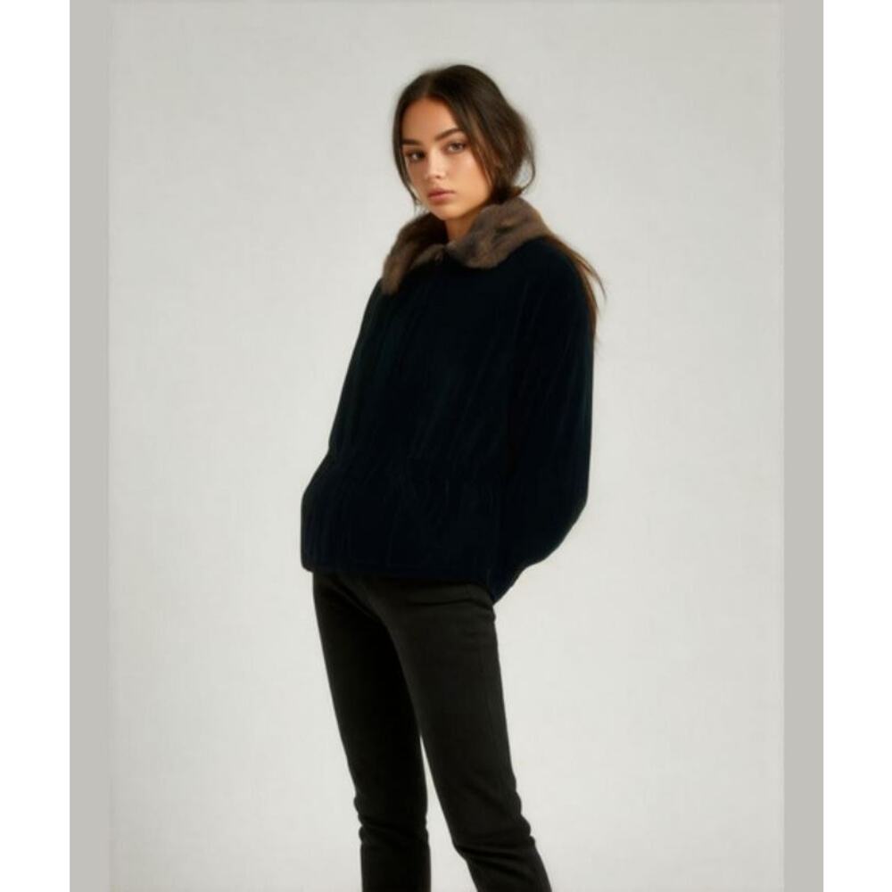 Lauren Ralph Lauren Black Velvet Faux Fur Collar Zip Up Outdoor Winter Coat S